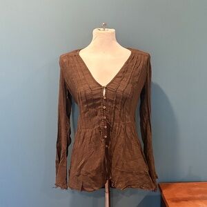 Free People Brown Textured V-Neck Blouse
